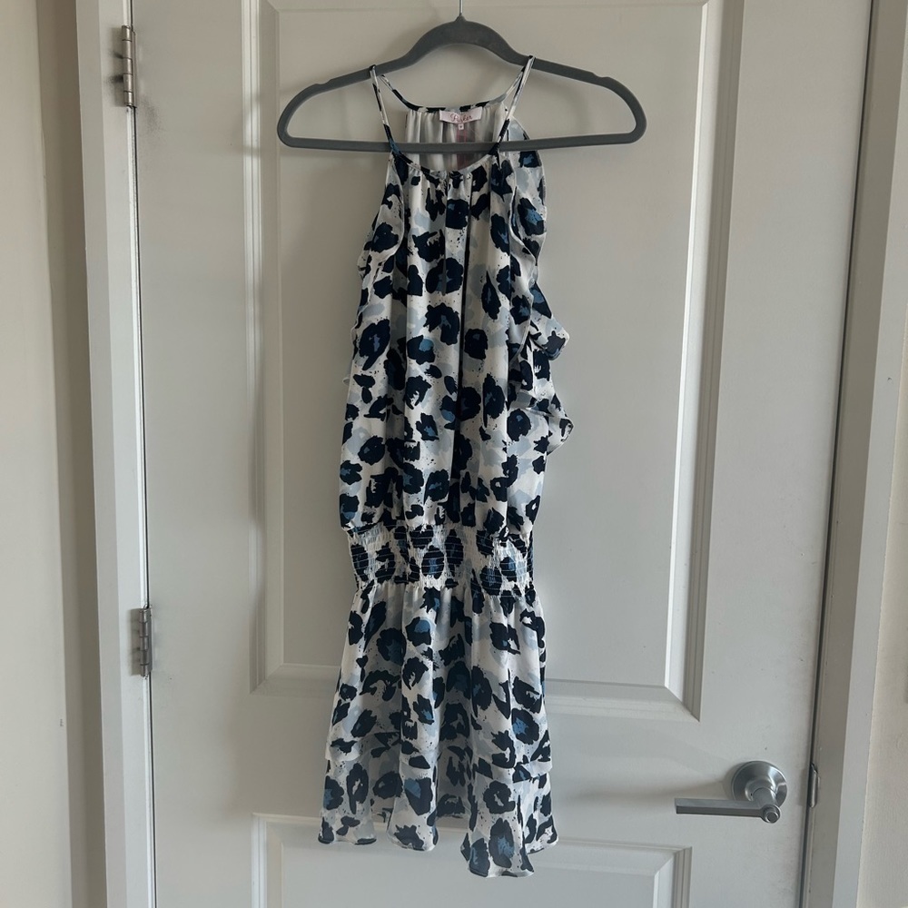 Parker White Blue Snow Leopard Ruffle Print Dress Size M